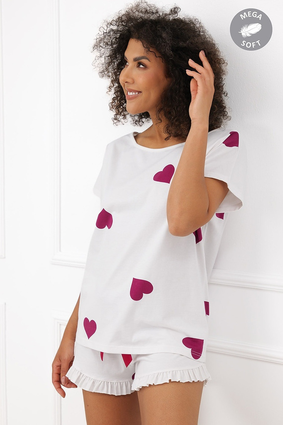 Italian Fashion Soul Pijama corta de mujer Mega Soft ecru con corazones burdeos