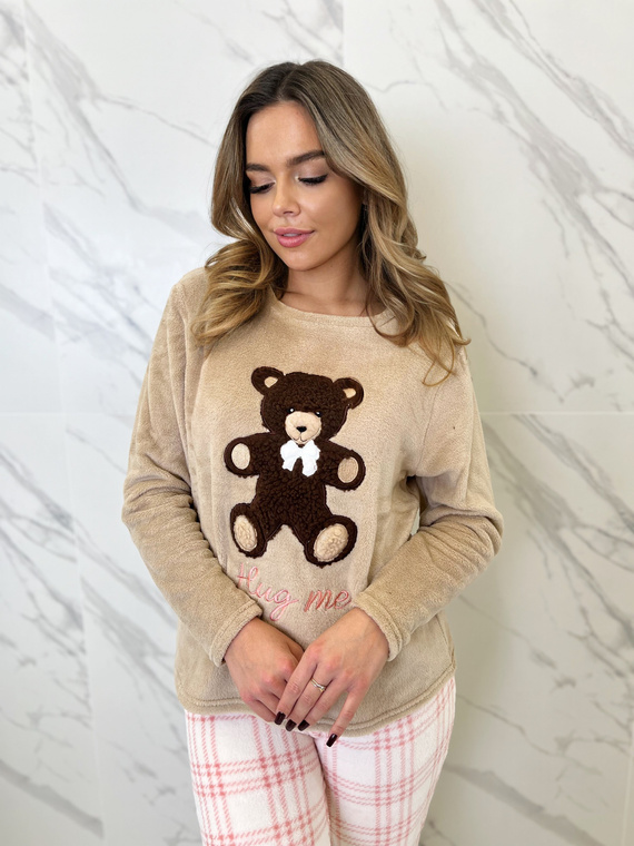 Madlen Pijama de mujer Sorbetto marrón - polar, con bordado de osito y pantalón a cuadros