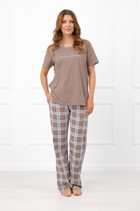 Pijama de mujer Italian Fashion Delma 100% algodón cuadro pantalones largos - cappuccino