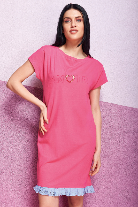 Oxksana Camisón rosa - 100% algodón, corazón bordado, encaje y volante