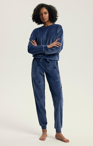43722 Delanie Mujer Henderson pijama de terciopelo azul marino, manga larga y pantalón