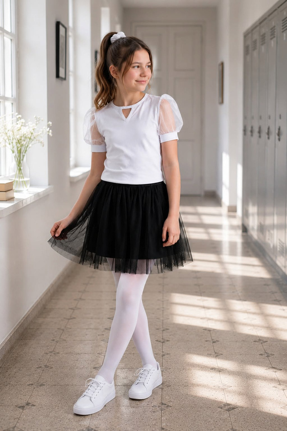 Sonia Bambarillo Blusa blanca para niña con mangas de tul