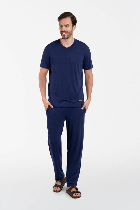 Akord Pijama hombre manga corta, pantalón largo Moda Italiana - azul marino