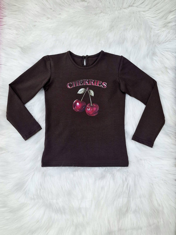 Blusa niña Cerezas Bambarillo algodón chocolate oscuro, manga larga, estampada