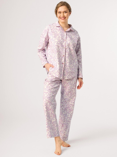 Pijama de mujer Key LNS 406 ecru – franela 100% algodón, flores, botones