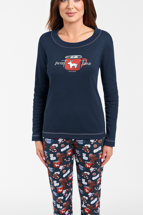 Pijama de manga larga y pantalón largo Makala Ladies Italian Fashion - azul marino/estampado