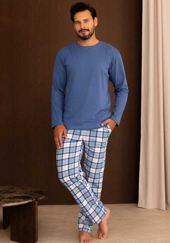 Pijama para hombre Regina 6006 100% algodón Pantalón largo a cuadros azul