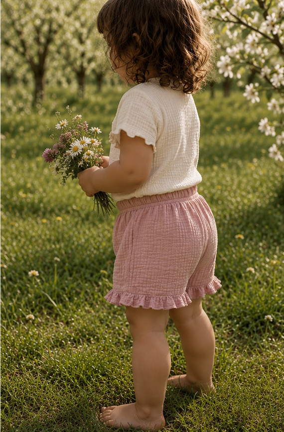 Mamatti SZ50310 Pantalones cortos infantiles de muselina en rosa sucio, frescos y elegantes