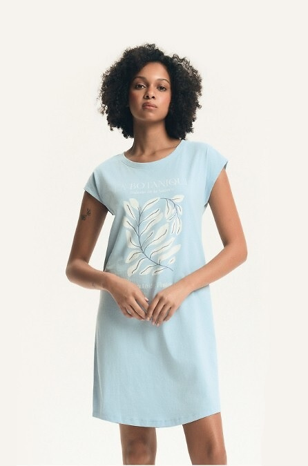 Camisón de señora 45183 Estes azul , algodón, manga corta, escote semi redondo, corte holgado