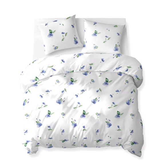 5769 B Algodón Bloom Detexpol ropa de cama blanca con flores azules con hojas verdes - 100% algodón, doble cara, producción polaca