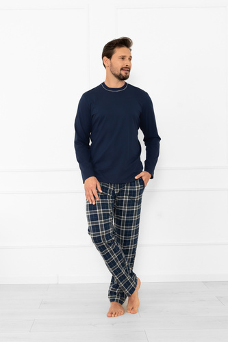 Pijama de hombre Andreas - manga larga, pantalón largo, algodón Moda Italiana - azul marino/estampado