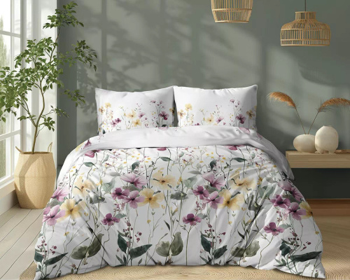 5773 A Cotton Bloom Detexpol ropa de cama blanca con flores de campo violetas y amarillas - 100% algodón, reversible, producción polaca