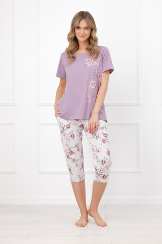 Italian Fashion Karilla Pijama de mujer 100% algodón pantalones 3/4 flores