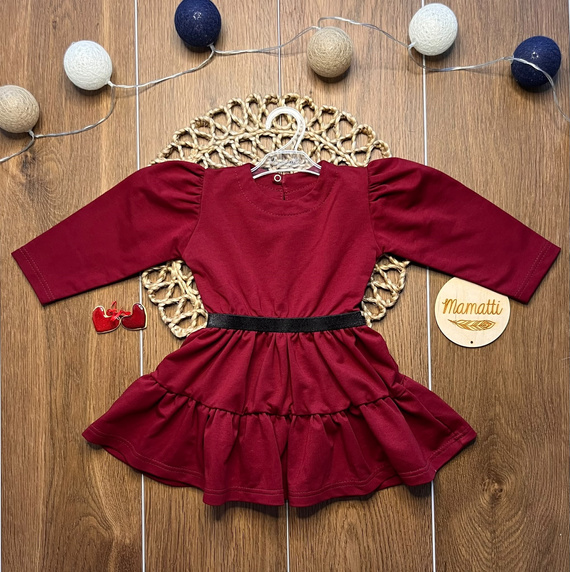 Vestido para niña mamatti SK620 elegante con mangas globo y goma brillante burdeos