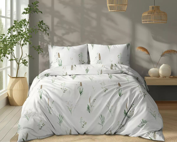 5771 A Cotton Bloom Detexpol Ropa de cama blanca con hierbas y espigas - 100% algodón, doble cara, producción polaca