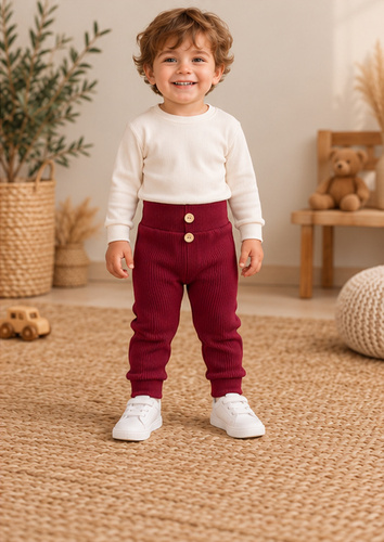 Leggings infantiles LC014 burdeos de algodón acanalados con botones de madera