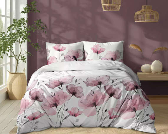 5496 B Ropa de cama de algodón blanco con flores de color rosa acuarela Naturalis- Detexpol