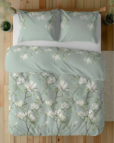 5497 B Ropa de cama de algodón menta con flores blancas de magnolia Naturalis- Detexpol