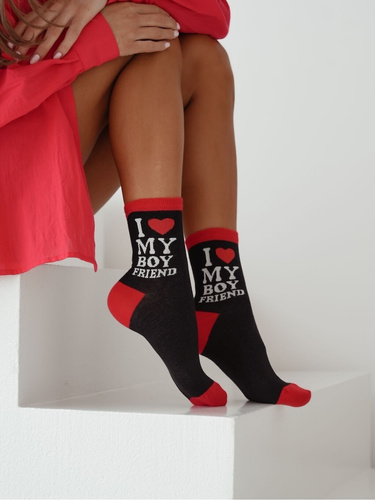 Calcetines de mujer Milena 0200-151 I Love My Boyfriend negro- Calcetines de algodón para San Valentín, perfectos para regalar, gran confort