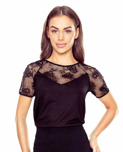 Elegante blusa de mujer Ursa Eldar negra| Detalles de encaje, viscosa elástica, manga corta | Imprescindible para cualquier ocasión