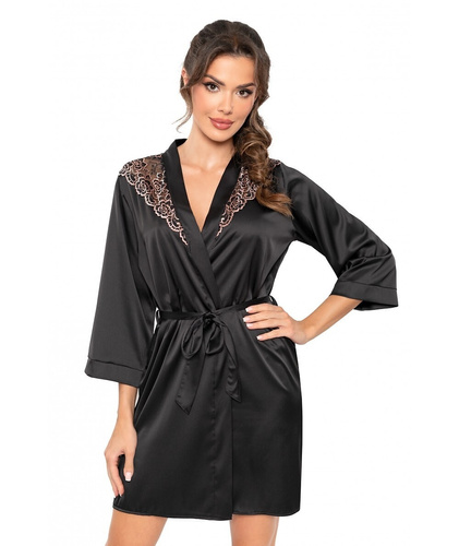 Sabrina Donna bata negra - bata de satén con encaje, atada a la cintura
