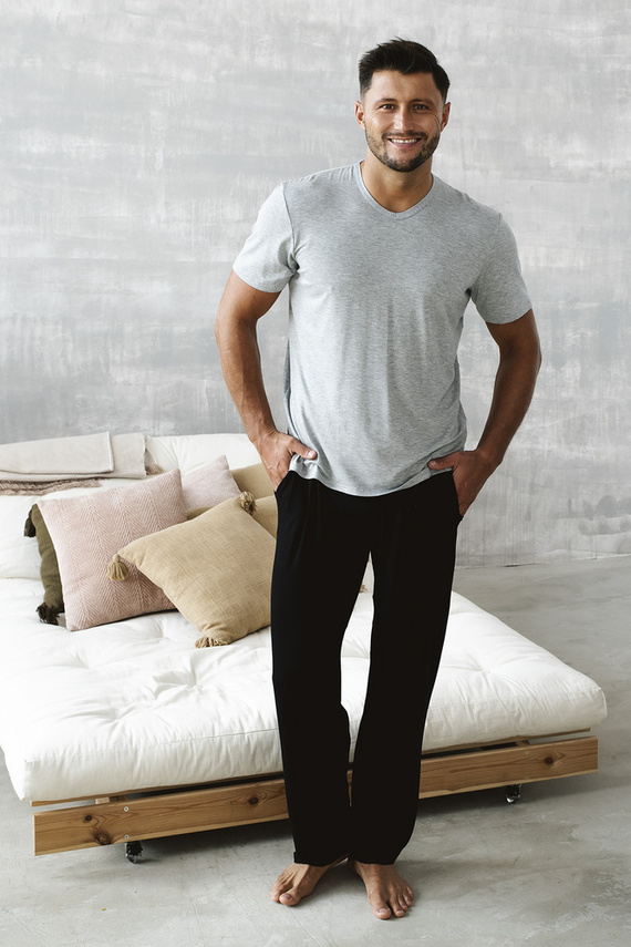 Dallas Pijama de manga corta para hombre, pantalón largo Italian Fashion- melange/negro