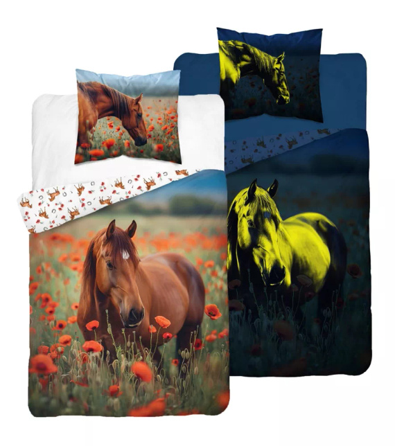 5550 A Fluo 95 Ropa de cama luminosa caballo oscuro en amapolas| 100% algodón | Para niños Detexpol