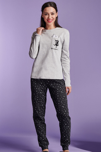 Shearly Pijama de mujer Sorbetto gris - 100% algodón, aplicación 3D, pantalón con cordón