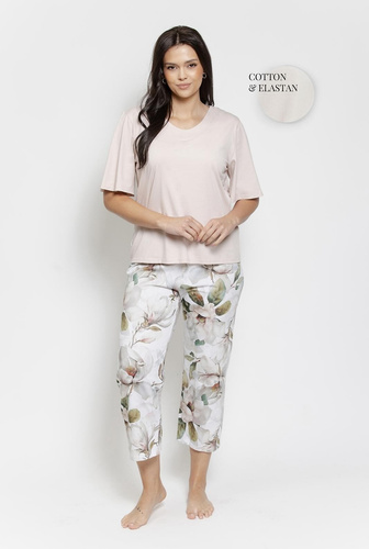 Pijama 3567 Aphrodite Taro beige- Pijama de mujer de algodón con estampado floral, manga 7/8
