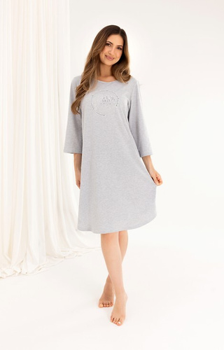 Camisón de algodón 167 gris manga 3/4, estampado, acampanado, antes de la rodilla
