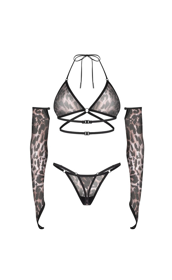 Conjunto Obsessive Addia estampado de leopardo sujetador soft y tanga con guantes