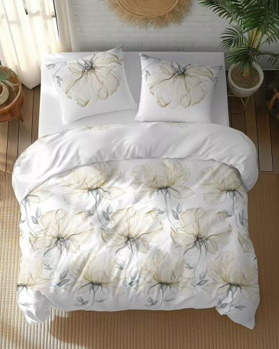 5770 B Algodón Bloom Detexpol ropa de cama blanca con grandes flores de color crema - 100% algodón, reversible, producción polaca