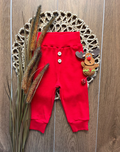 Leggings para niño LC015 rojos de algodón acanalados con botones de madera