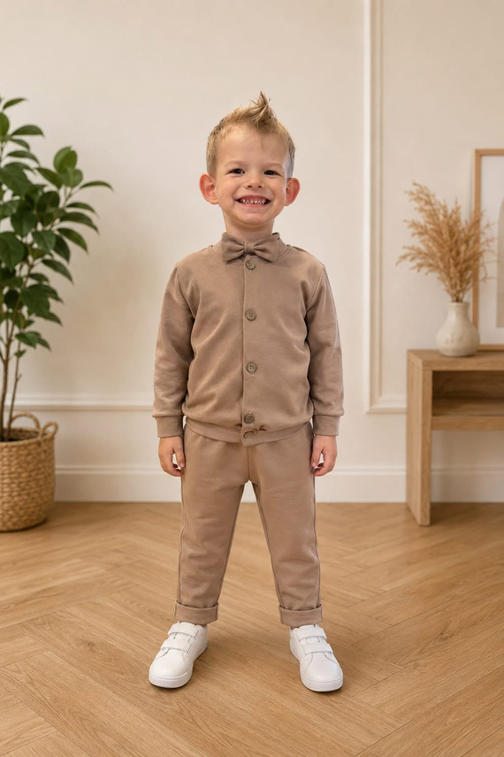 Conjunto infantil Leon Bambarillo beige de algodón con pajarita y botones