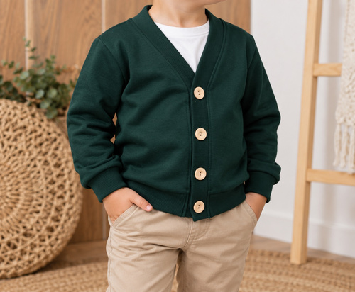 Kardigan infantil Mamatti MD019 de algodón verde con botones de madera