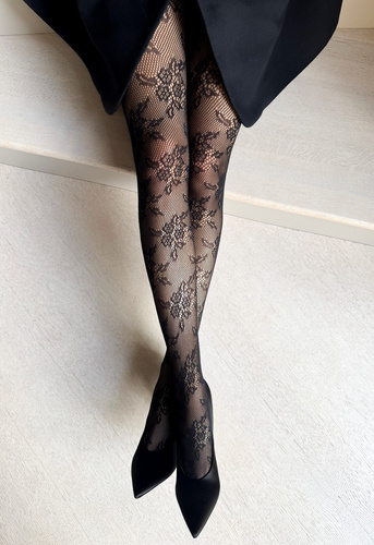 Veneziana Gia medias negro - cabaret con estampado floral, sin refuerzos en los dedos de los pies