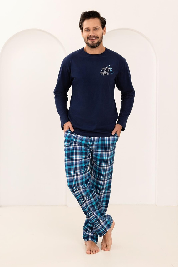 Pijama de hombre Regina 507 azul marino - algodón, largo, camisa estampada y pantalón a cuadros