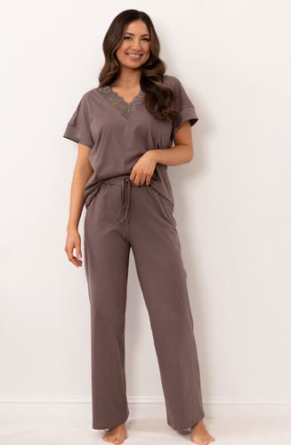 Pijama de mujer Regina 4008 100% algodón encaje satén pantalones largos - marrón