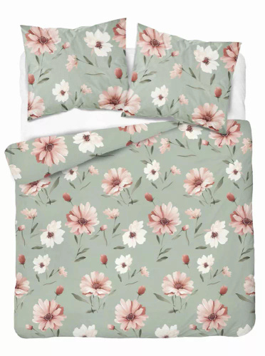 5502 B Ropa de cama de algodón menta con crema y flores de color rosa Naturalis- Detexpol