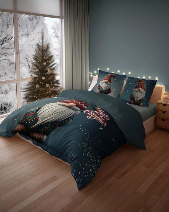 5825 A Christmas Dreams ropa de cama de algodón Detexpol azul marino con gnomo Feliz Navidad - Juego de Navidad 100% algodón