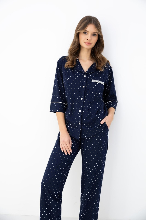 Pijama de mujer Sensis azul marino 100% algodón con cuello, botones y manga 3/4