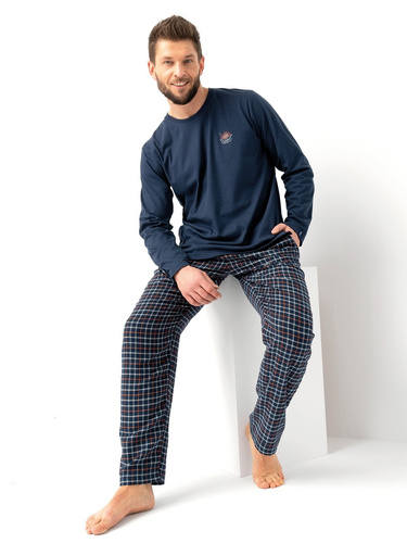 MNS 481 Pijama de hombre Key azul marino - algodón, manga larga y pantalón liso