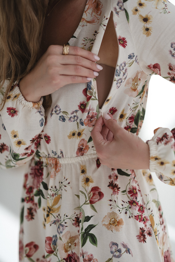 Lovely Dress Midi Milk&Love vestido de maternidad y lactancia floral crema en lino, corte elegante con cremalleras de lactancia