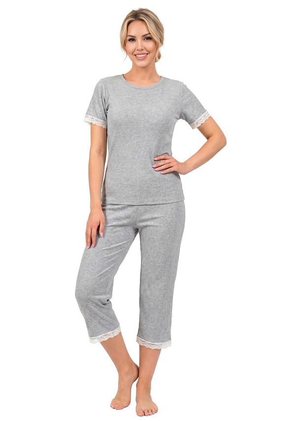 Donna Megi Pijama de Mujer Acanalada 3/4 Gris con Encaje y Lazo