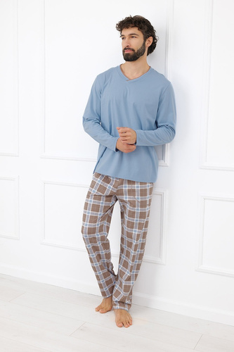 Italian Fashion Dante Pijama para Hombre de Algodón Pantalón Largo a Cuadros - acero