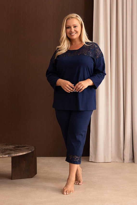 Pijama de mujer Regina 4014 100% algodón encaje manga larga 3/4 azul marino