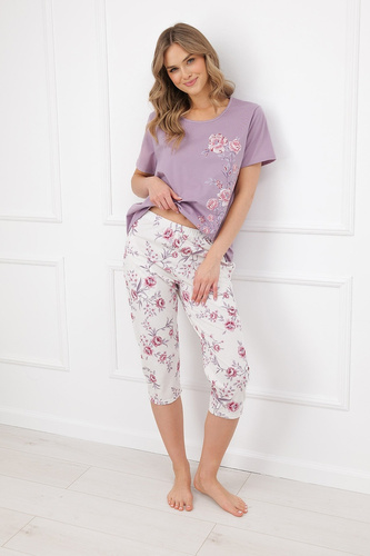 Italian Fashion Karilla Pijama de mujer 100% algodón pantalones 3/4 flores
