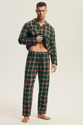 Henderson pijama de los hombres 43460 Nut verde - franela, con botones, a cuadros