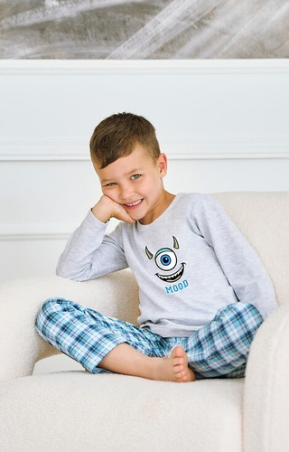 3499, 3500 Pijama de niño Joel Taro gris - algodón, estampado, pantalón a cuadros