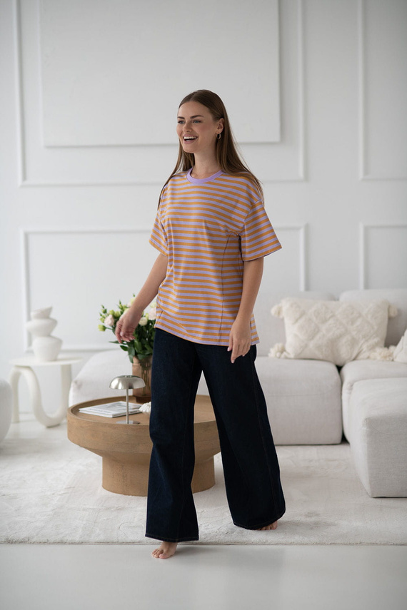 Mamahood Camiseta de embarazo y lactancia Milk&Love a rayas miel y lila - cómoda y elegante